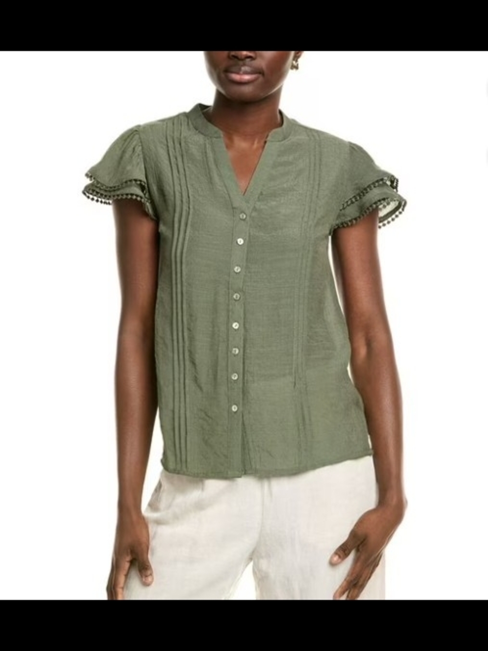 Nanette Lepore Sage Green Flutter Short Sleeve Button Blouse Semi Sheer Size Med